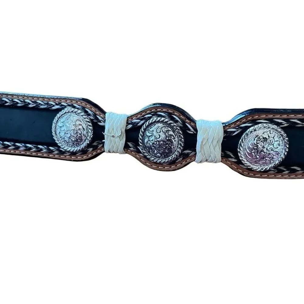 Nocona Mens Leather Belt 40 Horsehair Scalloped Western Cowboy Silver Conchos